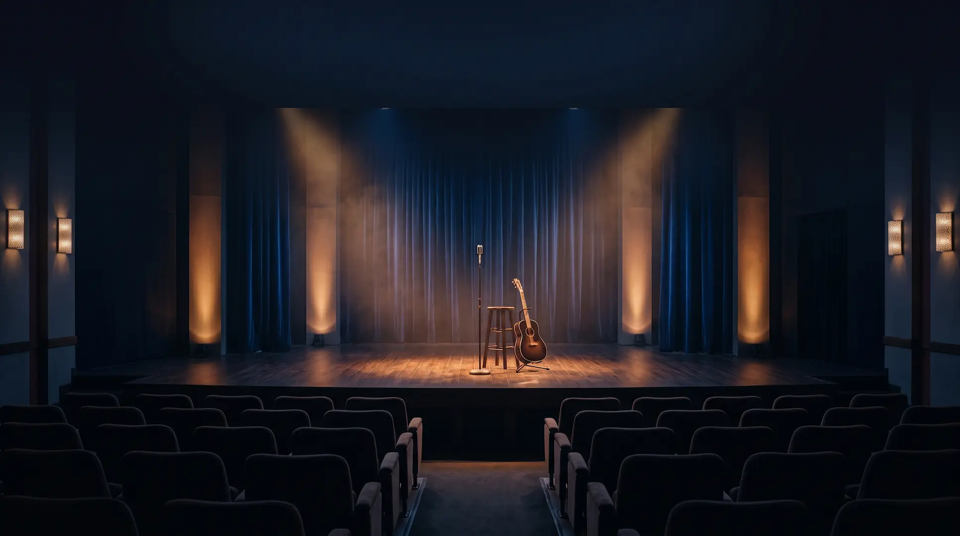 Escenario vacío iluminado con luces cálidas